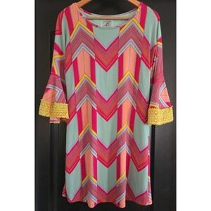 Judith March Shift Dress Women's S Geometric Colorful Bell Sleeve Lace Accent
